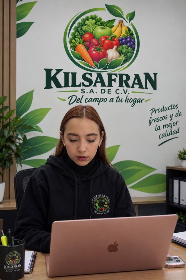 Persona del equipo de Kilsafran atendiendo pedidos en una laptop frente al logotipo de la empresa